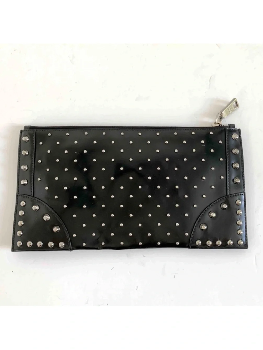 Prada Studded Leather Pochette Crossbody Bag Black Silver Studs Chain Strap